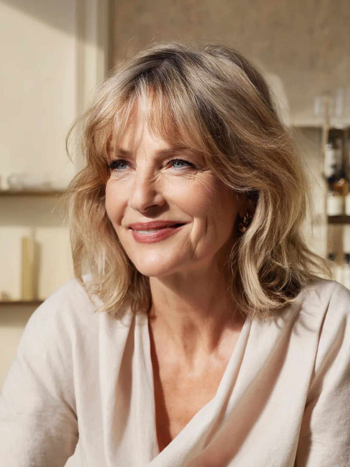 Wavy Ash Blonde Layered Shag with Curtain Bangs